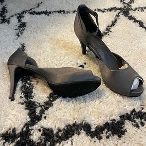 Gray satin ankle wrap heel
